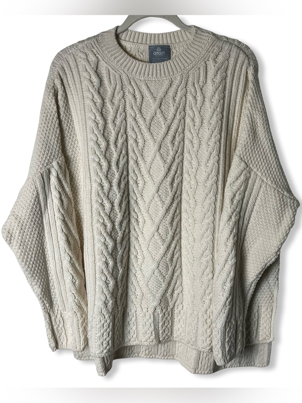 Aran Woollen Mills Womens Merino Cable Knit High Low Dolman Sweater Cream XL